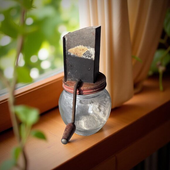 Vintage Nut Meat Chopper Jar – Hand-Crank Tin Hopper on Hazel-Atlas Glass 1930s - Picture 1 of 9